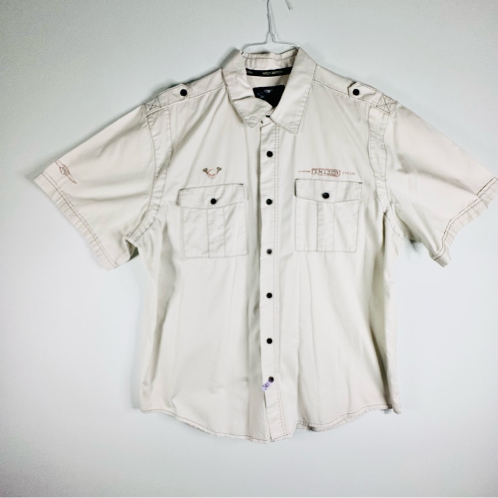 Vintage Harley Davidson Button Down Short Sleeve Shirt Mens Racing White Sz 2XL